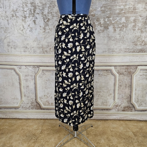 Jones New York Dresses & Skirts - Vintage 1990s Silk Black Floral Maxi Skirt Column 90s Jones New York M Grunge